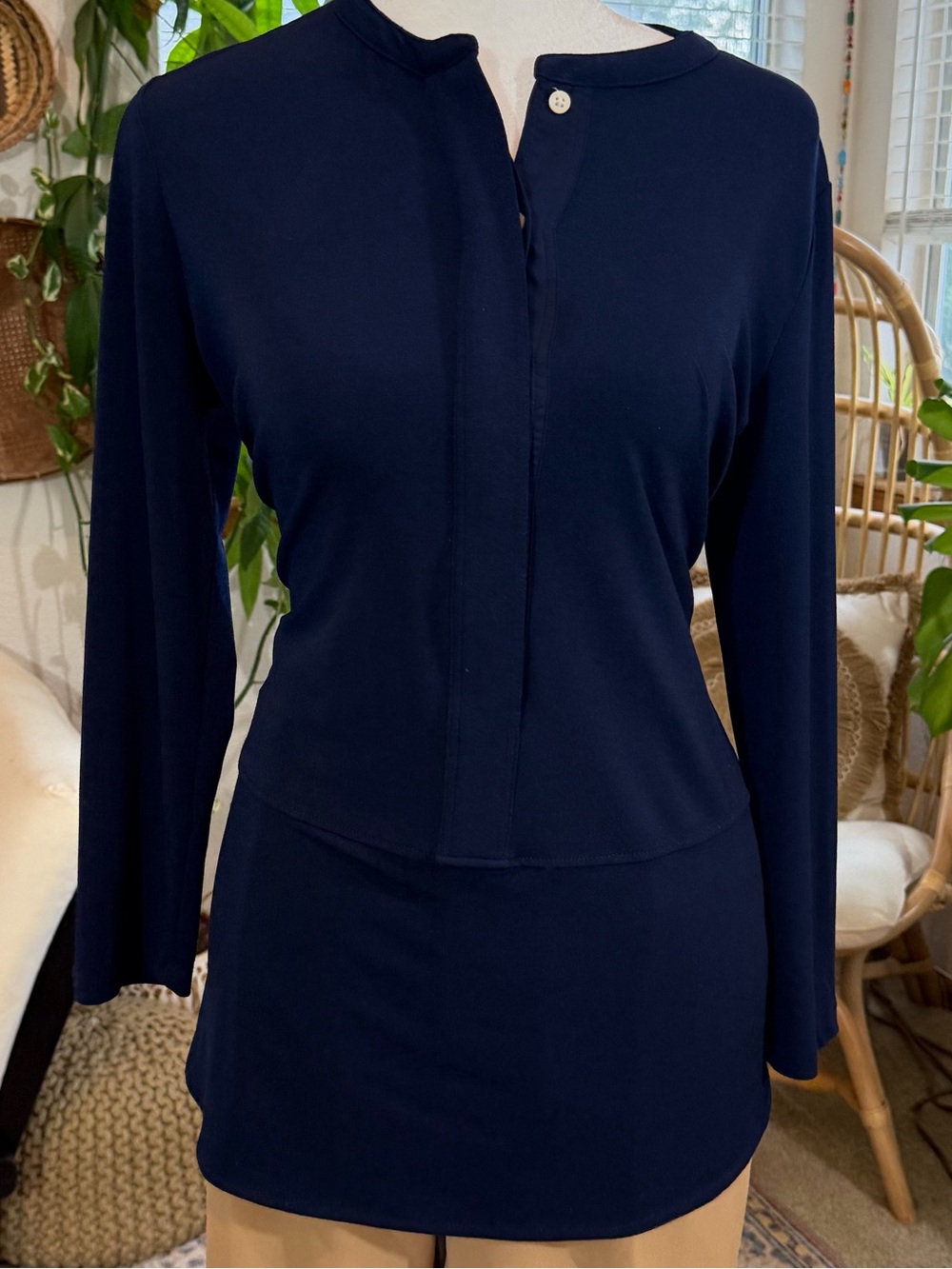 Lauren Ralph Lauren Navy Tunic Top PM Petite Medium Split Neck Long Sleeve Fall - Picture 2 of 12